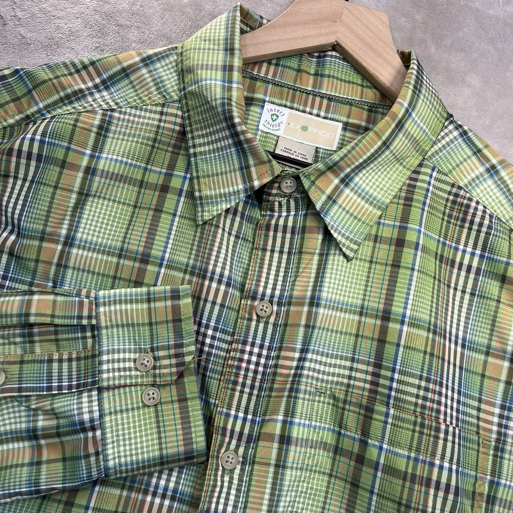 ExOfficio Insect Shield Shirt Mens XL Green Plaid Long Sleeve Hiking